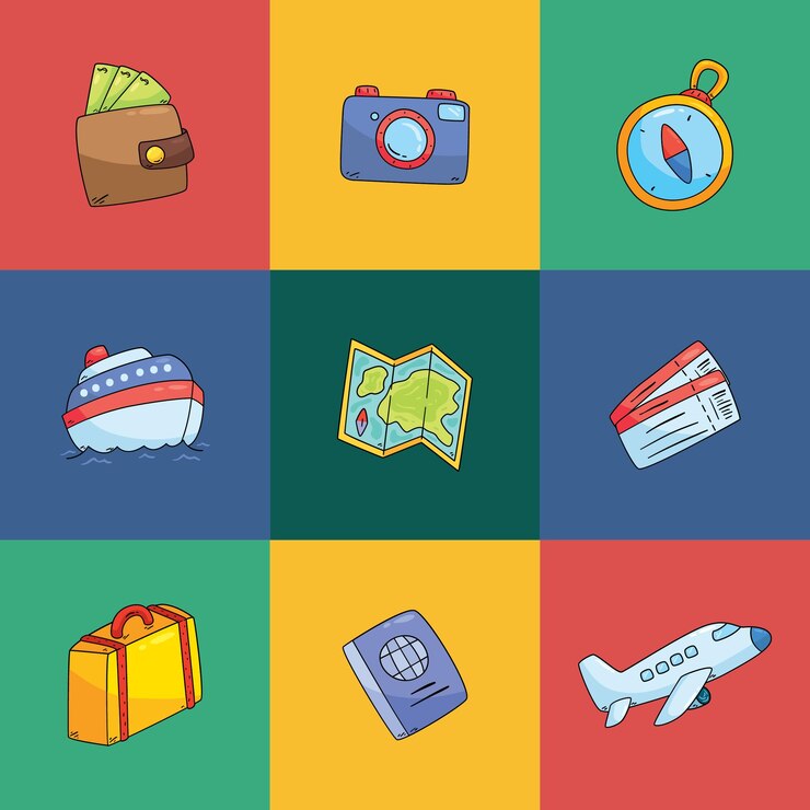 Conjunto de iconos de viaje vectorial planos dibujados a mano