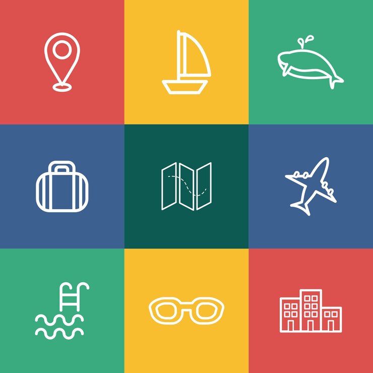 Conjunto de iconos de viaje vectorial planos dibujados a mano