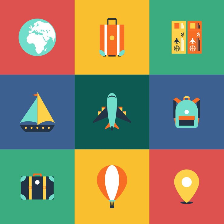 Conjunto de iconos de viaje vectorial planos dibujados a mano