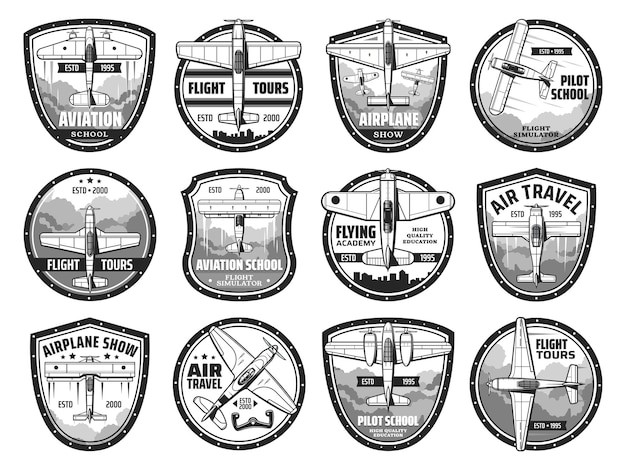 Conjunto de iconos de viajes aéreos y espectáculos de aviones Academia de vuelo de la escuela de aviación y emblema o insignia de espectáculo de aviones históricos Monoplano retro volando en el cielo Avión biplano vintage y vector de avión de hélice