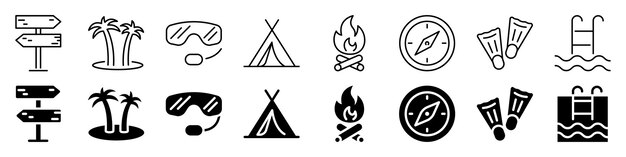 Conjunto de íconos de viajes y aventuras Estilo lineal y silueta