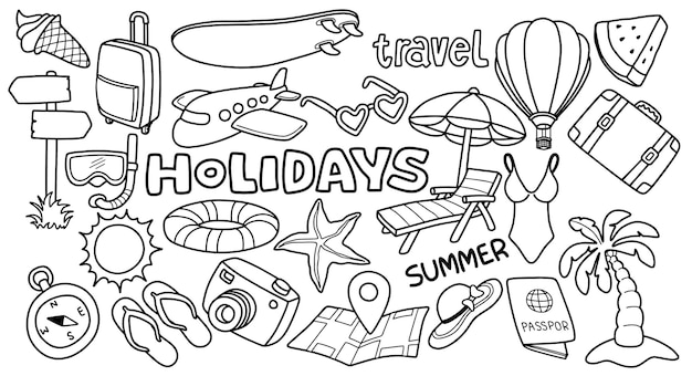 Conjunto de iconos de viajes doodle turismo y aventuras de verano