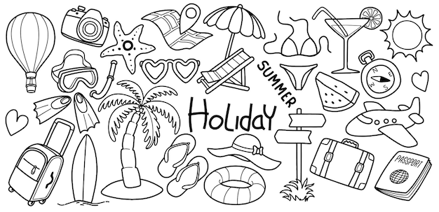 Conjunto de iconos de viajes doodle Turismo y aventuras de verano