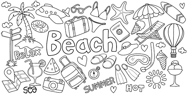 Conjunto de iconos de viajes doodle Turismo y aventuras de verano