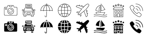 Conjunto de íconos de viajes y turismo Estilo lineal y silueta