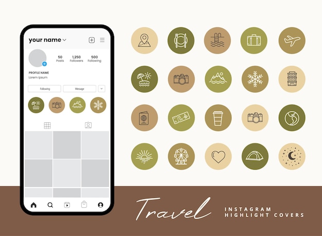Conjunto de iconos de viajes y turismo para portadas destacadas de historias de instagram