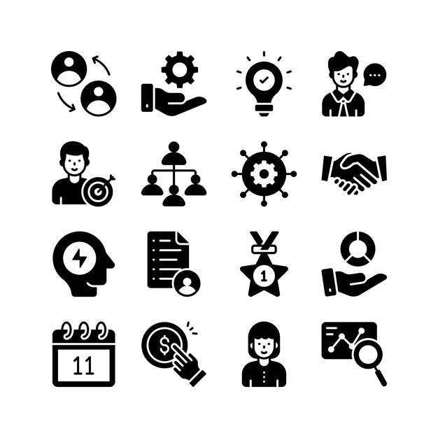 Este conjunto de iconos vibrantes ilustra varios aspectos de la gestión empresarial