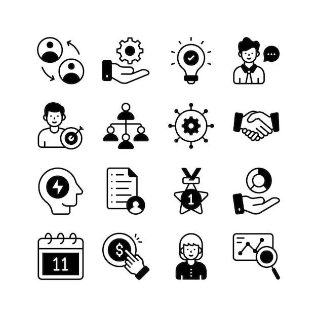 Este conjunto de iconos vibrantes ilustra varios aspectos de la gestión empresarial