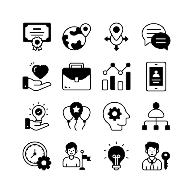 Este conjunto de iconos vibrantes presenta varios símbolos relacionados con los negocios y el éxito