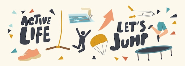 Conjunto de iconos de vida activa, actividad de adrenalina extrema en verano, recreación de verano, paracaidismo, salto con cuerda, paracaídas, trampolín y bungee con tipografía. ilustración vectorial de dibujos animados