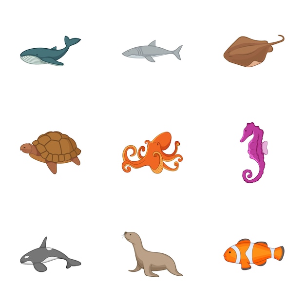 Vector conjunto de iconos de la vida del océano, estilo de dibujos animados
