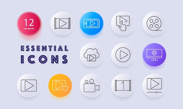 Conjunto de iconos de video Botón de reproducción película carrete cámara de video pantalla almacenamiento en la nube video en línea transmisión de medios clip de película contenido de video multimedia reproducción grabación cinematografía entretenimiento