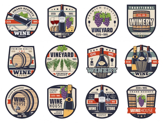 Vector conjunto de iconos de vino, vinificación y viticultura