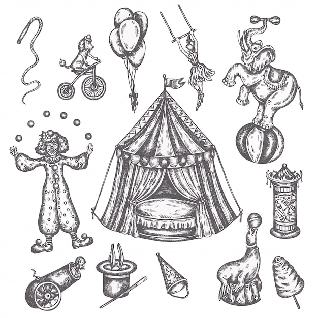 Conjunto de iconos vintage de circo. boceto dibujado a mano de animales y diversión ilustraciones de vectores de artistas