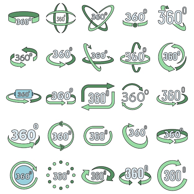 Conjunto de iconos virtuales de 360 grados Conjunto general de iconos vectoriales virtuales de 360, línea delgada, color plano sobre blanco