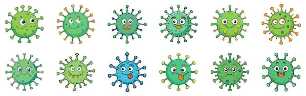 Conjunto de iconos de virus con diferentes expresiones faciales Ilustración vectorial