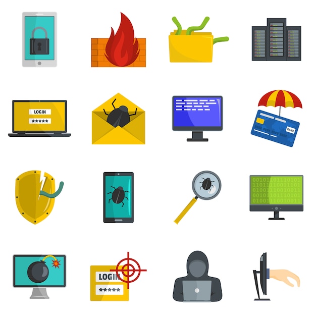 Conjunto de iconos de virus informáticos de ataque cibernético vector aislado