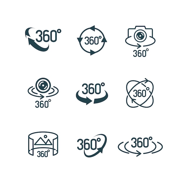 Conjunto de iconos de vista de 360 grados de vector aislado sobre fondo blanco Símbolo de matemáticas rotación completa signo de descarga 10 eps