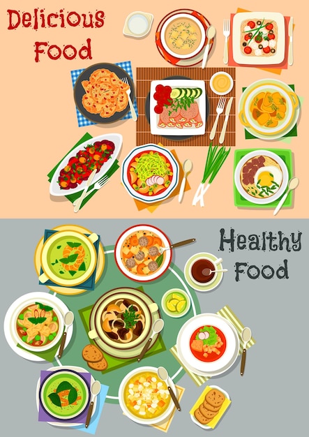 Conjunto de iconos de vista superior de platos de almuerzo para el diseño del menú