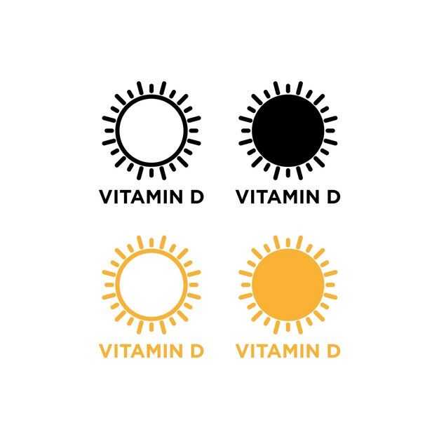 Conjunto de iconos de vitamina D Símbolo vectorial de vitamina D de la luz solar en un estilo de relleno y contorno en negro Síntomo de deficiencia de vitamina D para la curación