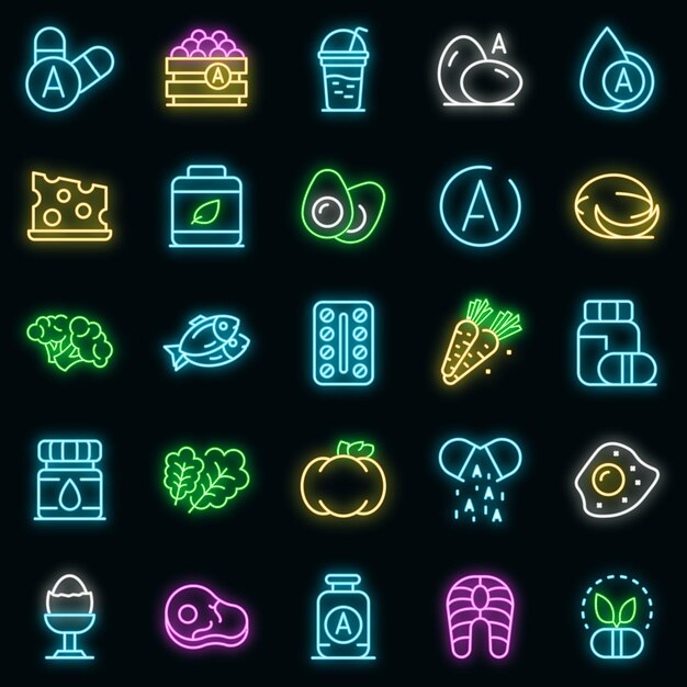 Conjunto de iconos de vitamina a. Esquema conjunto de iconos de vector de vitamina a color neón en negro