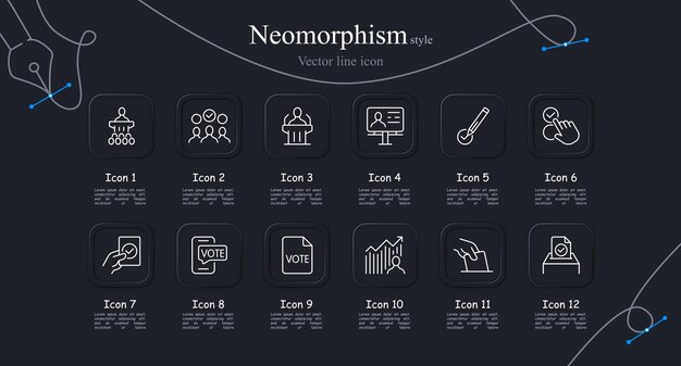 Conjunto de iconos de votación Pedestal caja de votación para hablar en público micrófono marca de comprobación Estilo neomorfismo Icono de línea vectorial para negocios y publicidad