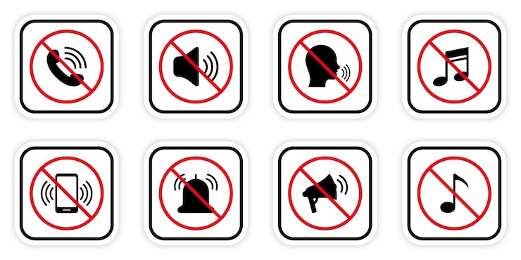 Vector conjunto de iconos de voz de sonido fuerte prohibido silencio silencio silueta negra pictograma llamada prohibida