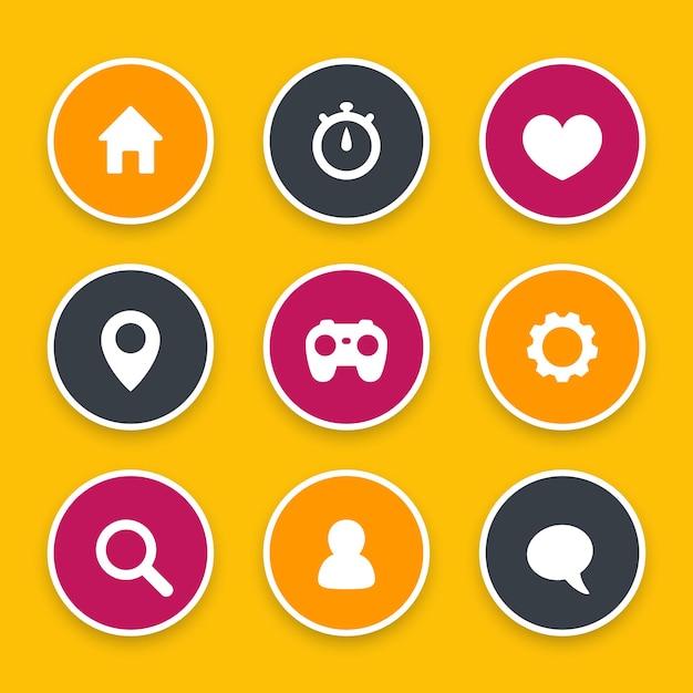 Conjunto de iconos web básicos, configuración, inicio de sesión, inicio, búsqueda, favorito, contacto, perfil, usuarios, chat, mensaje