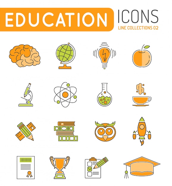 Conjunto de iconos de web de educación en línea líneas finas de color