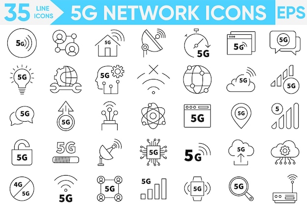 Conjunto de iconos web de esquema de red 5G Conectado sin carga de datos de señal Fuerza de señal WiFi y más conjunto de vectores e ilustradores