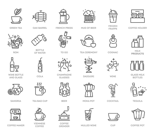 Conjunto de iconos web de línea delgada de bebidas Colección de iconos de esquema Ilustración vectorial simple