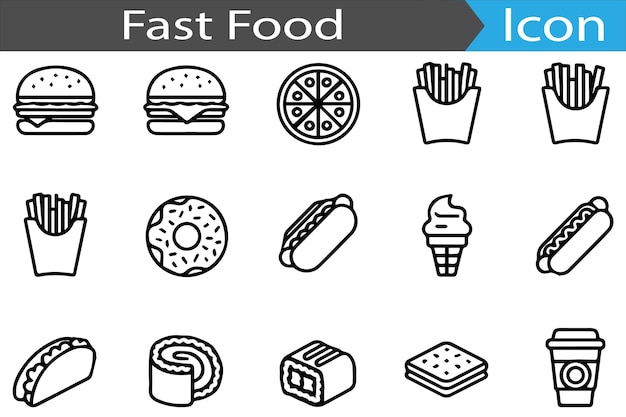 Conjunto de iconos web de línea delgada mínima de comida rápida Conjunto dorado de iconos planos Colección de ilustraciones vectoriales
