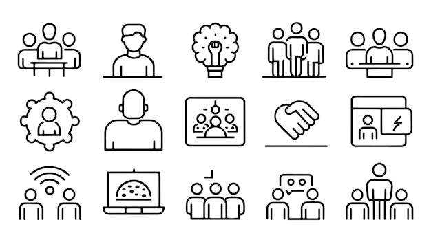 Conjunto de iconos web de reuniones en estilo de línea Equipo de conferencias tormenta de ideas entrevista de seminario conjunto de iconos relacionados ilustración vectorial plana