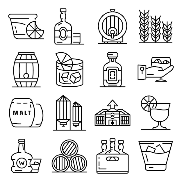 Conjunto de iconos de whisky. conjunto de esquema de iconos de vector de whisky