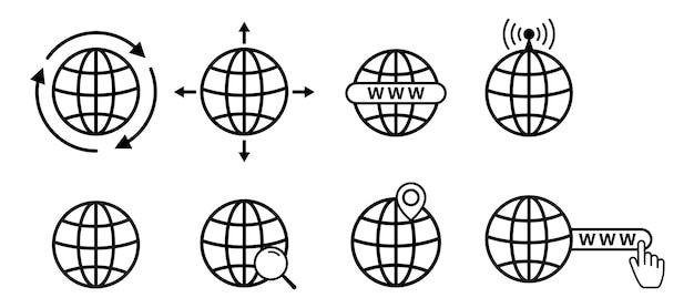 Un conjunto de iconos de www con un globo, iconos de sitios web de vector. el icono de internet. el icono de la barra de búsqueda de www. iconos de www con un cursor manual. vaya al símbolo del icono web.