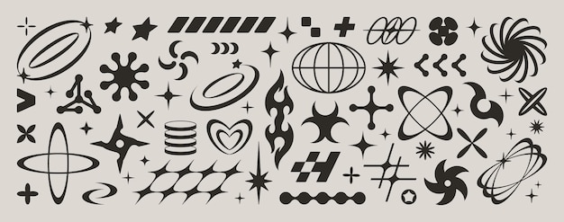 Conjunto de iconos de Y2K Vector abstracto Formas y formas geométricas Retro elementos futuristas