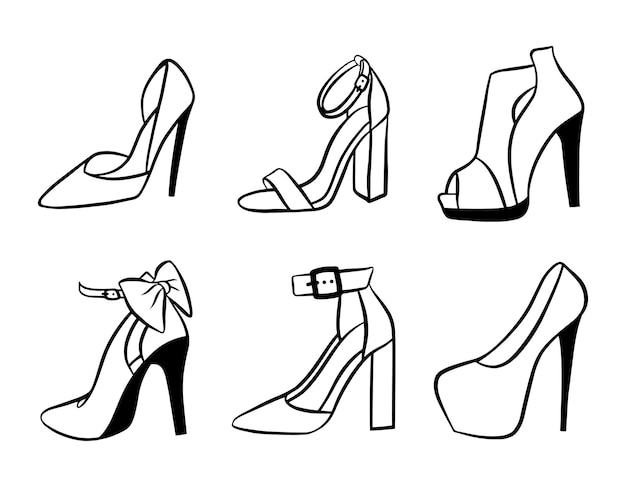 Conjunto de iconos de zapatos de mujer aislado sobre fondo blanco Ilustración de moda de vector dibujado a mano de contorno negro Silueta de contorno de belleza y glamour Elemento de diseño de logotipo