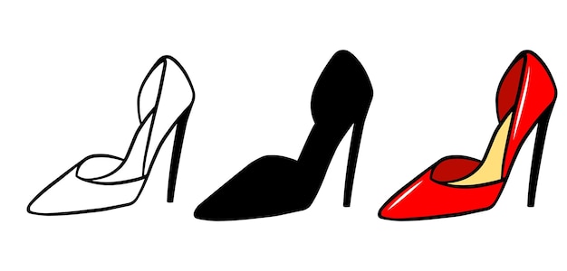 Conjunto de iconos de zapatos de mujer aislado sobre fondo blanco Ilustración de moda vectorial dibujada a mano colorida Belleza y glamour contorno silueta Elemento de diseño de logotipo