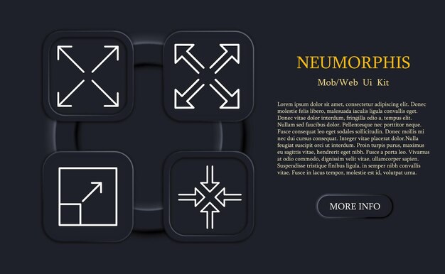 Conjunto de iconos de zoom Distancia de aproximación Aumentar los botones de control Disminuir los ángulos de escala de visión Concepto de TI Estilo de neomorfismo Icono de línea vectorial para empresas