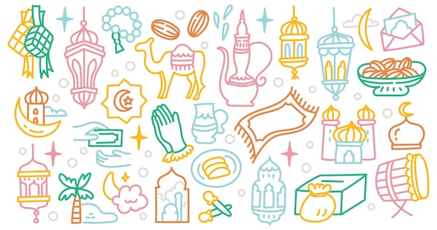 Conjunto de Idul Fitri y Ramadán Elemento de diseño artístico de Doodle Line
