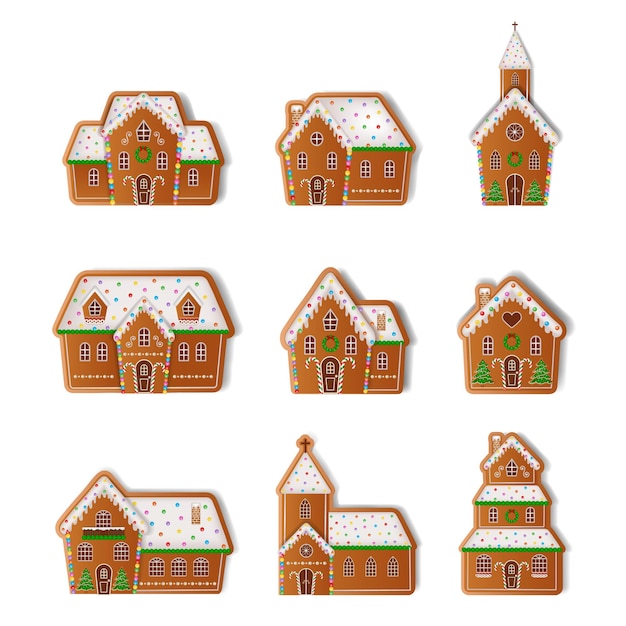Conjunto de iglesias y casas de pan de jengibre aisladas galletas de jengibre de navidad
