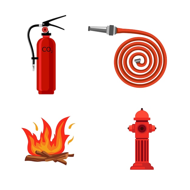Conjunto ignífugo Boca de incendios Manguera de agua Extintor de incendios Fogata Icon clipart para sitio web