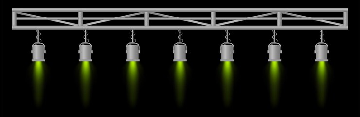 Vector el conjunto de iluminación del escenario los focos verdes, el marco metálico, la iluminación del evento, las lámparas colgantes, los haces enfocados, el fondo oscuro, la configuración de la actuación, el diseño del escenario, el equipo de concierto, la iluminació del teatro.