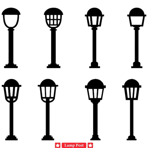Conjunto de iluminación del paisaje urbano siluetas clásicas de postes de lámparas
