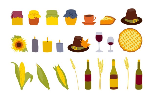 Conjunto de ilustración de acción de gracias Pastel de calabaza y sombrero de peregrino de maíz de vino velas y tarros de mermelada o miel