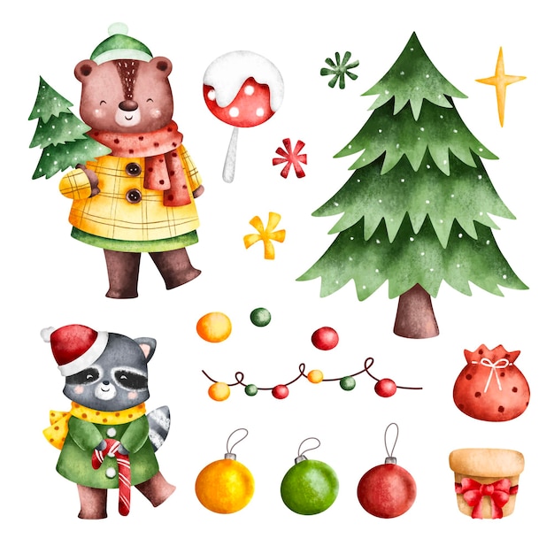 Conjunto de ilustración de acuarela de animales del bosque y decoración navideña