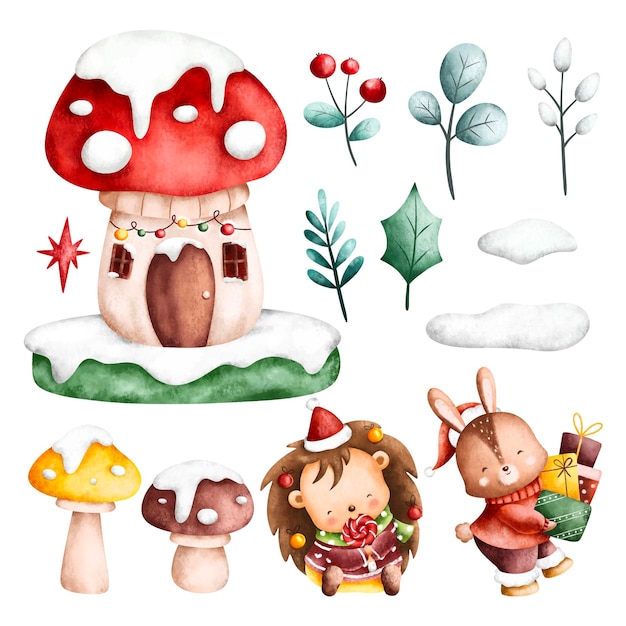 Vector conjunto de ilustración de acuarela de animales del bosque y decoración navideña