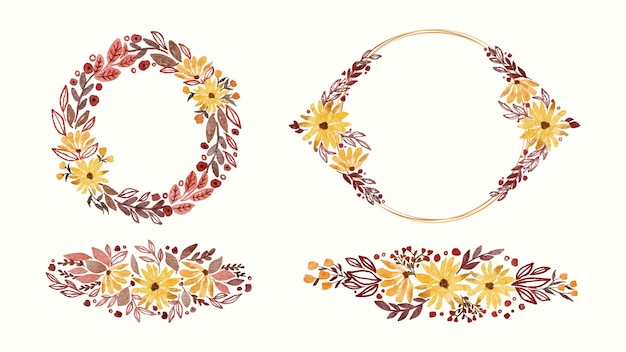 Conjunto de ilustración acuarela de arreglo de decoración de flor amarilla