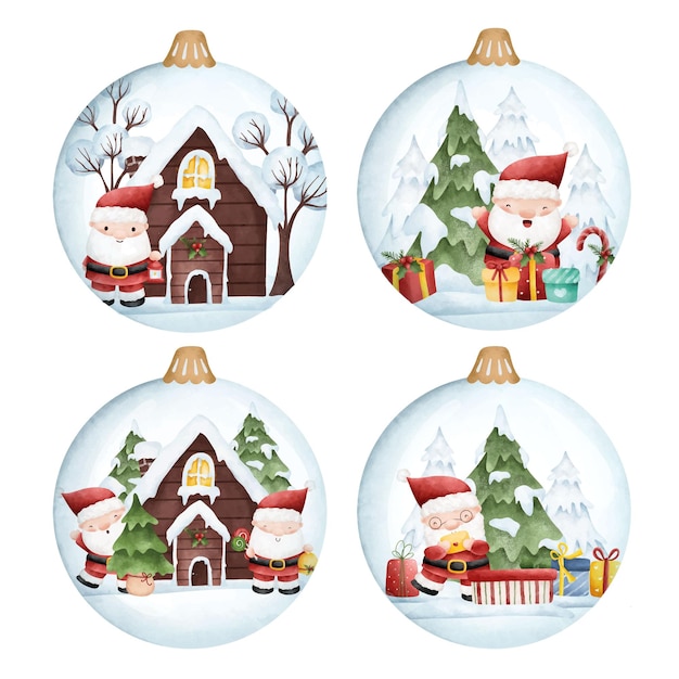 Conjunto de ilustración en acuarela de bola de cristal navideña con santa claus