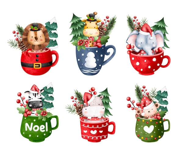 Conjunto de ilustración de acuarela de carácter de animales de Safari de Navidad en taza